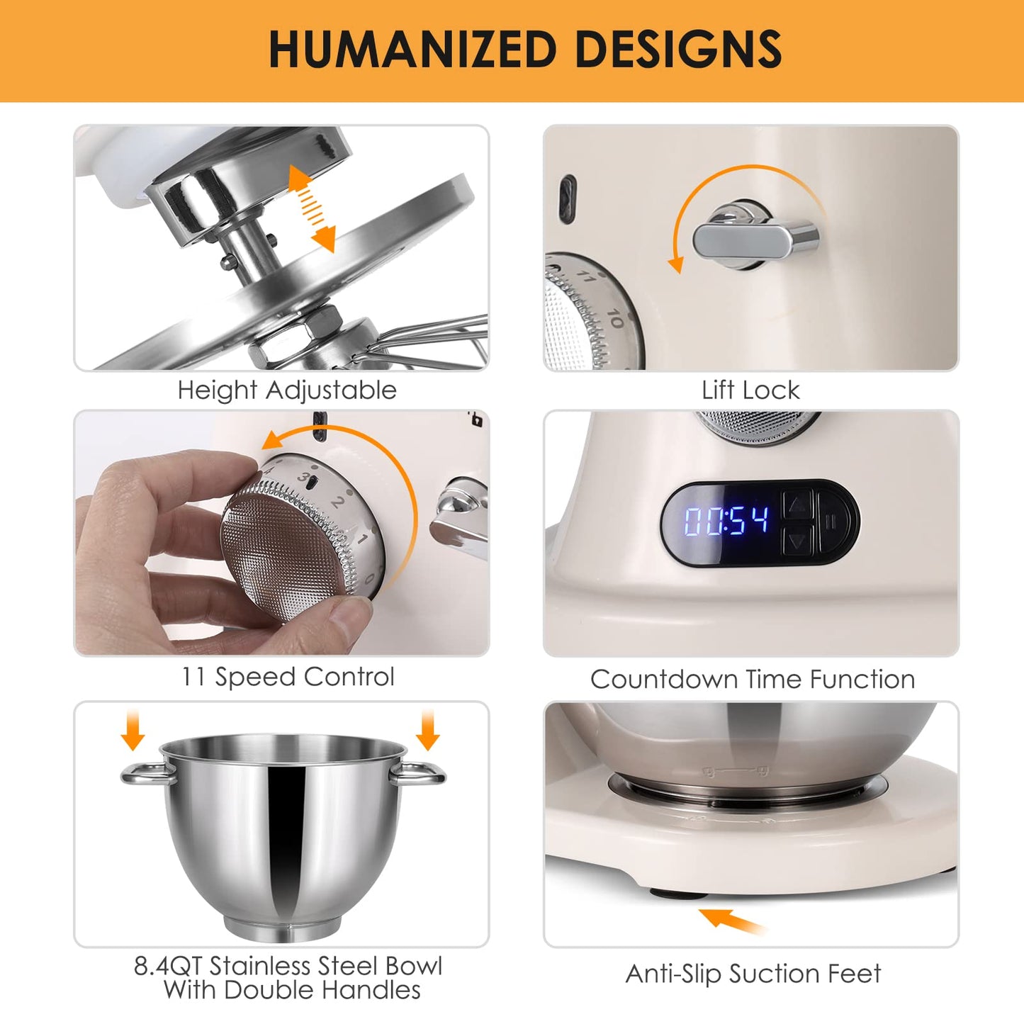 8.4QT Commercial Stand Mixer 800W with NSF Certified and Aluminum Die Casting, Mixers Kitchen Electric Stand Mixer Metal Food Mixer with Stainless Steel 8L Bowl, Dough Hook, Whisk and Beater