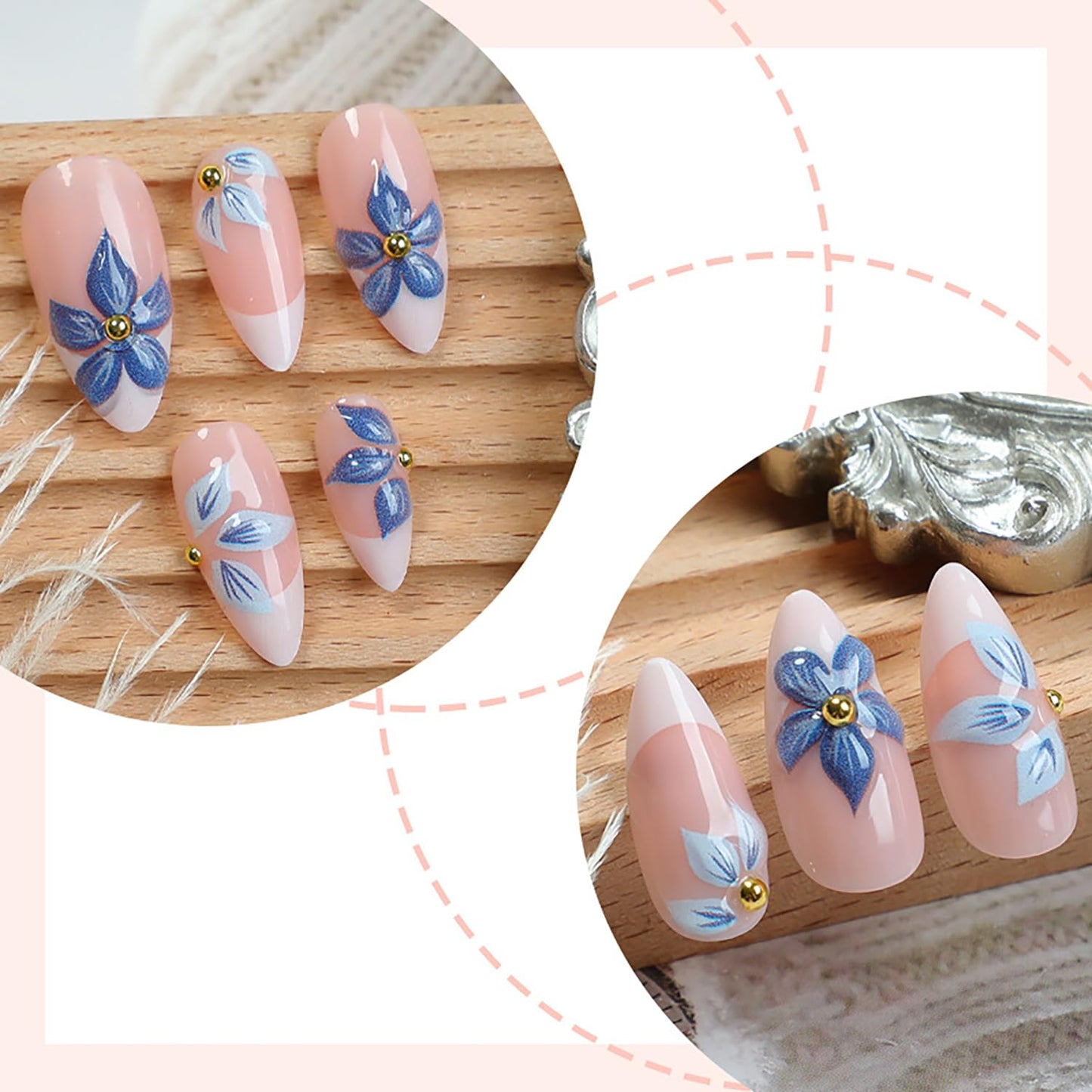 Blue Flower 3D Acrylic Fake Nail White French Tip Press on Nail Medium Almond Shaped Full Cover Glossy Artificial Stick on Nails Nude Press Ons Artificial Fingernails DIY Glue on Nails for Women