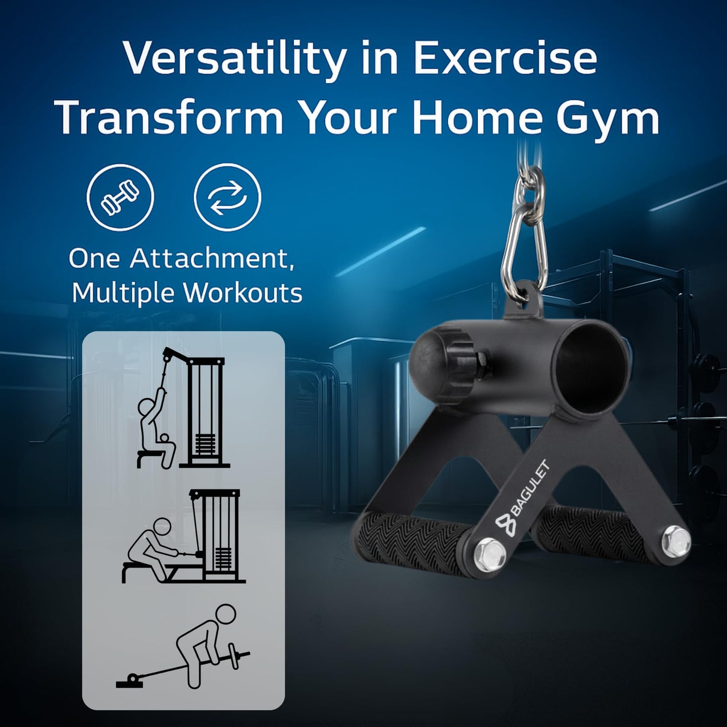 Bagulet V Bar Attachment: Row Machine, LAT Pulldown, Landmine Handle, Soft Grip, Black, Home Gym Fitness Equipment, Includes Cooling Towel, Versatile Steel Design, Fits 2" Olympic Bars"