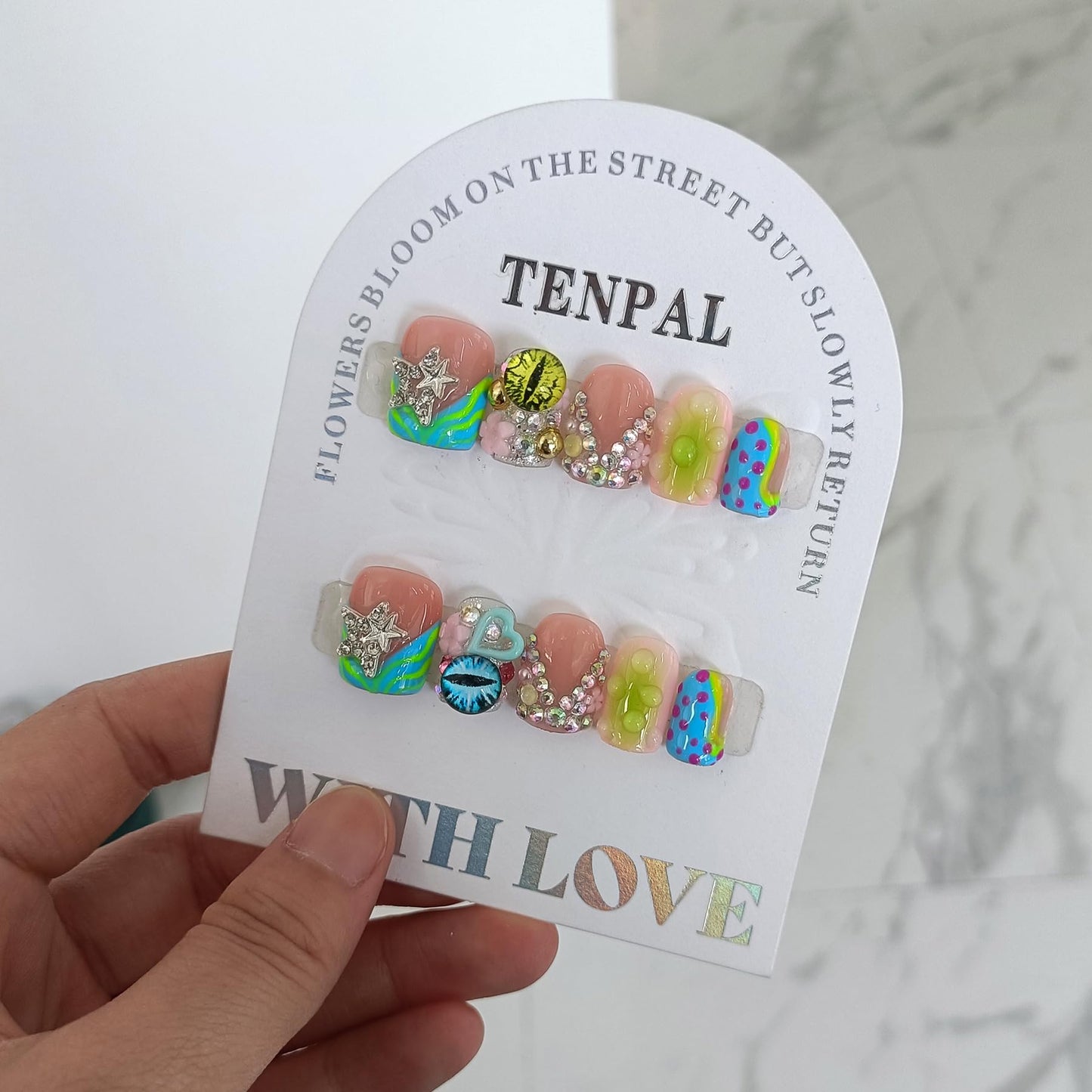 TENPAL V-Shape French Tips Square Nails,Acrylic Press on Nails with 10pcs Kit,Sweet Edgy Y2K Hand-Painted Art False Nails,Neon Yellow-Green Fake Nails with 3D Stars, Hearts, Rhinestones Flowers(L)