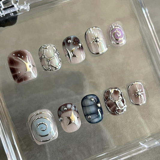 24Pcs Y2K Sweet Press on Nails Short Square Fake Nails Silver Irregular Designs French Nails Tip Stick on Nails Full Cover Artificial Glue on Nails Rhinestones Nail for Women DIY Punk Manicure