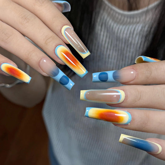 MERVF Coffin Press on Nails Long Fake Nails Blue Gradient French Tip Glue ons Nail Aura Acrylic Ballerina Summer Sunsest Design Manicure Glossy 24pcs