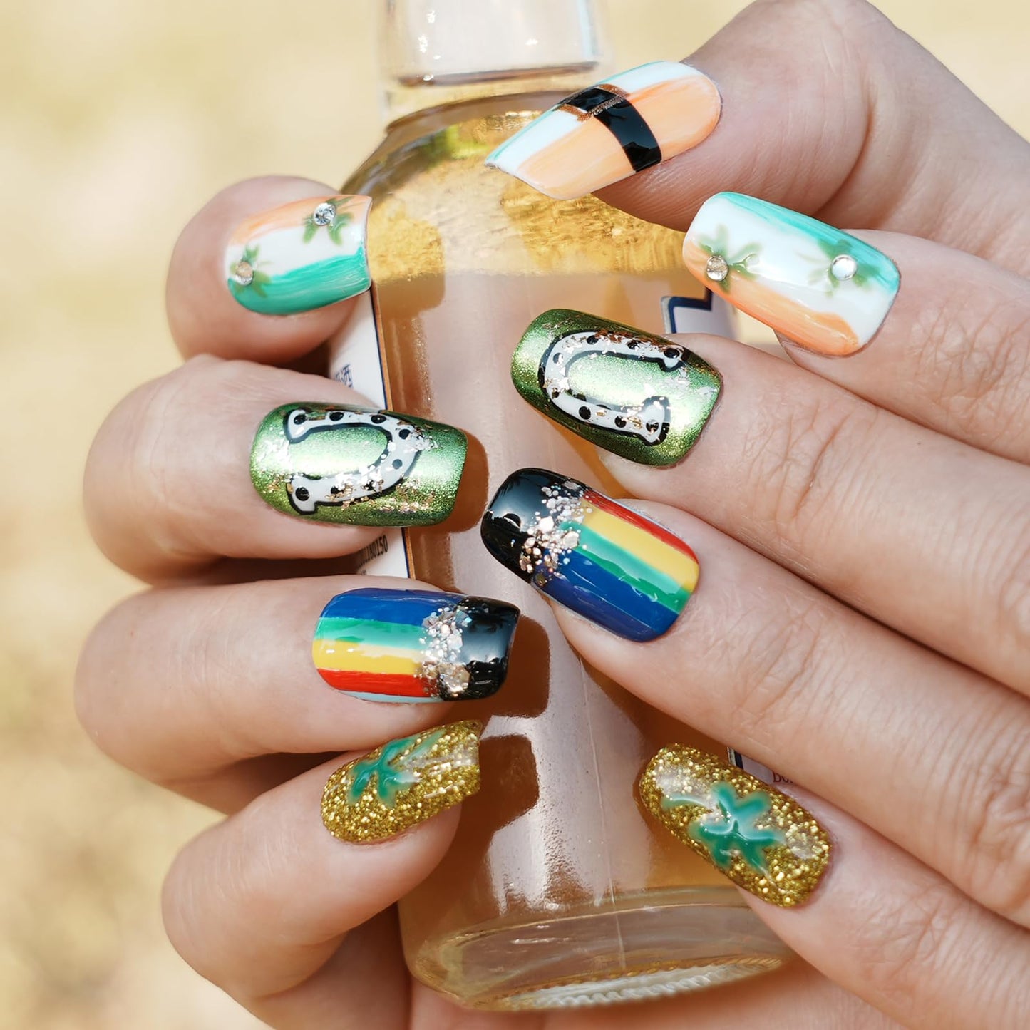 Tesytto Medium Square Press on Nails - Irish Flag Green White Orange Nails with Lucky Shamrock & Belt Design, Rainbow & 3D Gold Glitter Spring Summer Fake Nails (Size M)