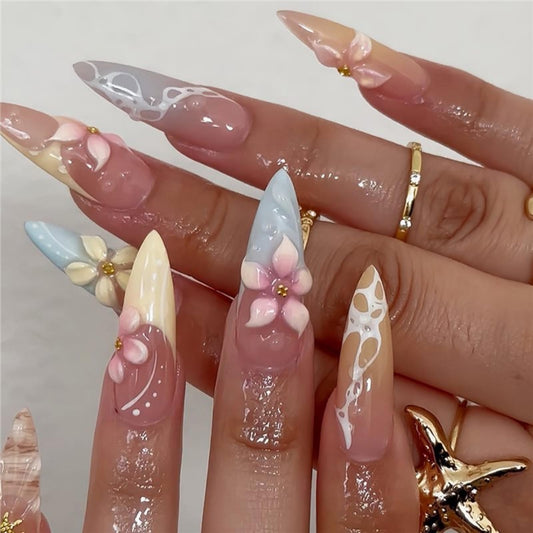 SEENEEY Long Press on Nails Almond Fake Nails French Flowers Artificial Nail with Pink Floral Designs Cute Stick on Nail for Women 24pcs