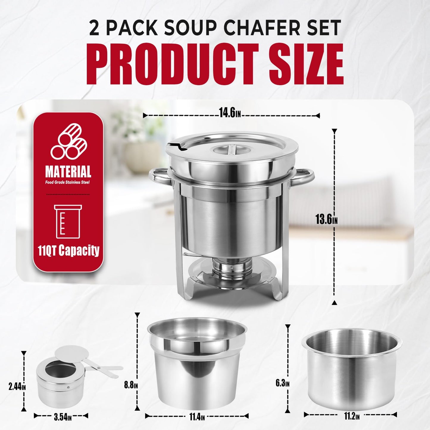 IMACONE Soup Chafer 11QT Large Capacity Soup Chafer Sets of 2, Stainless Steel Round Soup Warmer w/Pot, Notched Lid & Fuel Holder, Catering Marmite for Party, Buffet, Event & Commercial Food Service