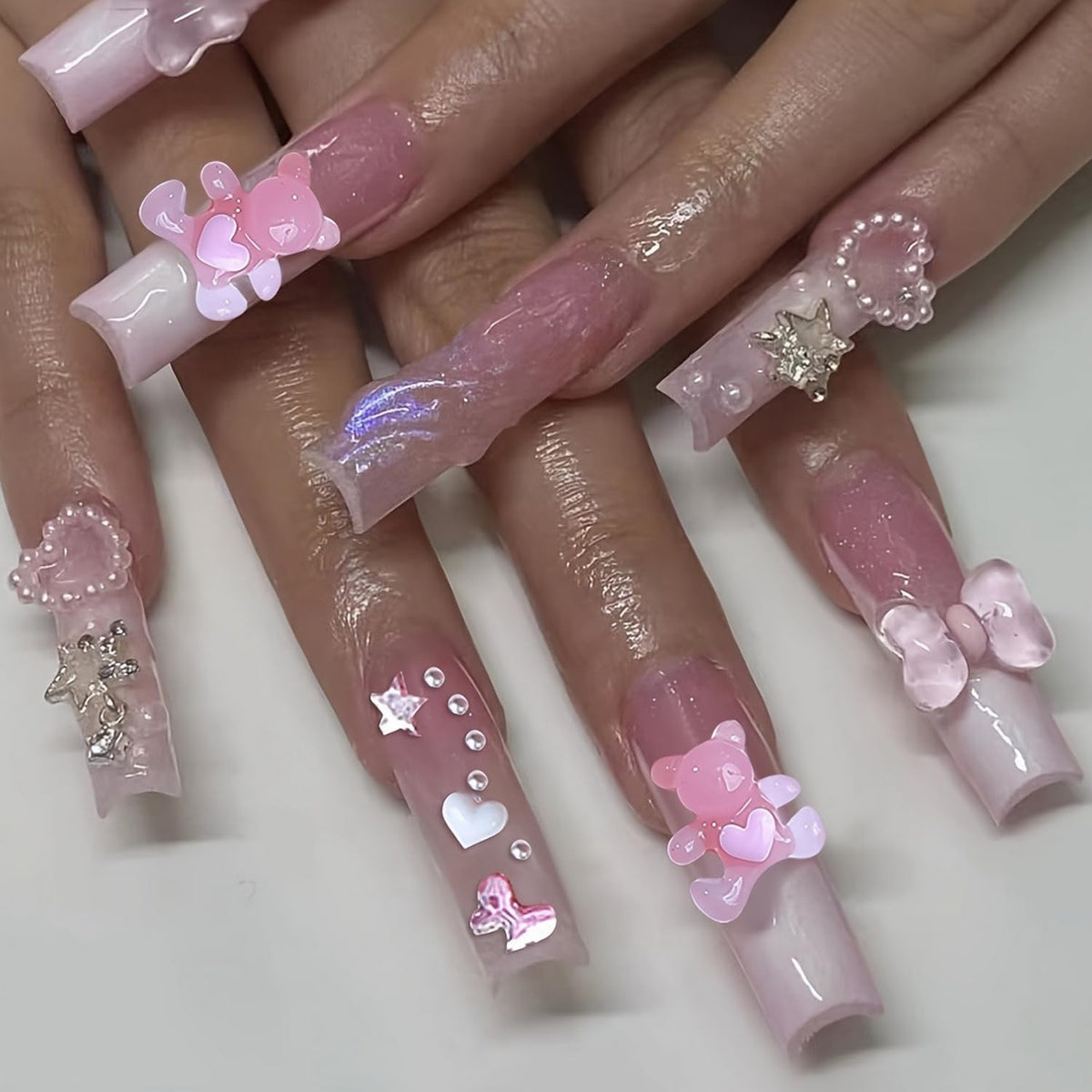 Extra Long Coffin Shaped Press on Nails White French Tip Fake Nails with 3D Bow Bear Star Charm and Pearl Designs Glitter Acrylic Nails Cuter False Nail for Women Nail Art DIY 24 Pcs