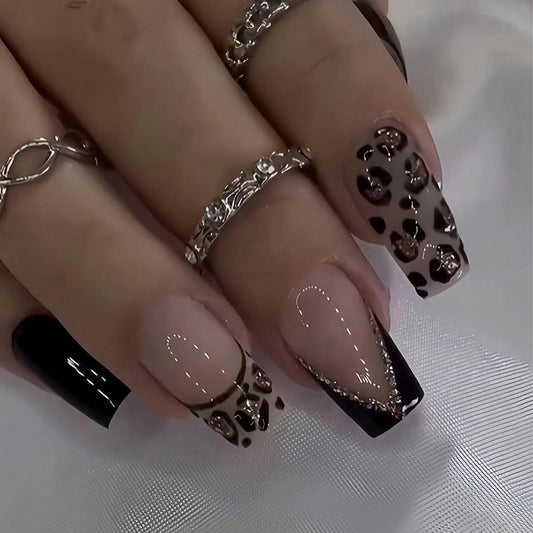 24 Pcs French Tip Press on Nails with Leopard Print Designs Medium Square Silver Glitter Fake Nail Glossy Black False Nails Full Cover Acrylic Stick on Nail for Women DIY Manicure