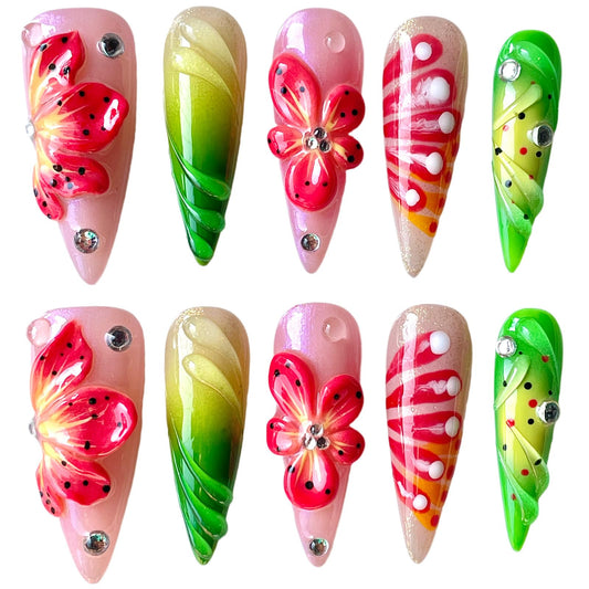 Handmade Press On Nails, Stiletto Shape, 3D Floral Botanical Muse Art, Vibrant Multi-Color Design, Thick Acrylic Fake Nails Set Tropical (S)