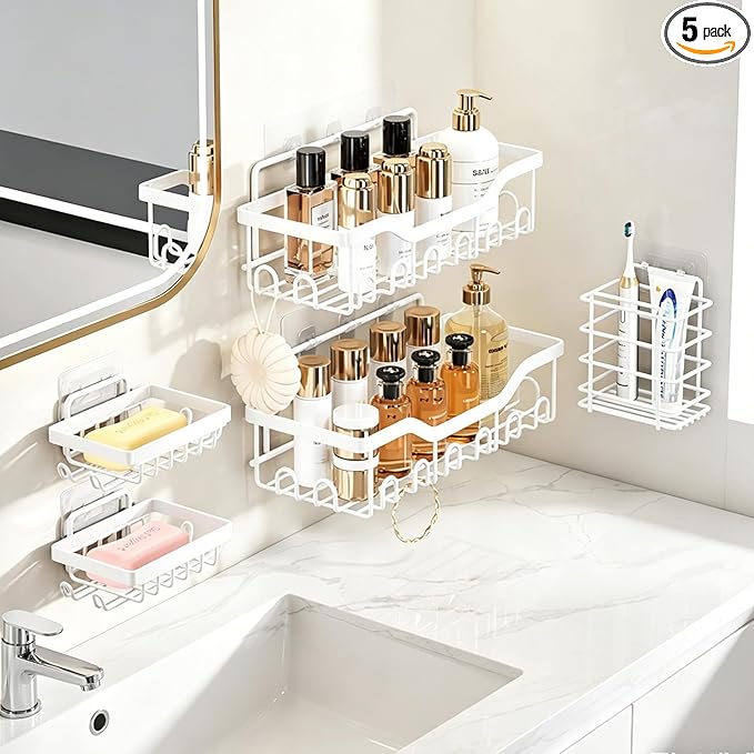 Fammart Adhesive Shower Caddy, 5-Pack Rustproof Stainless Steel Bathroom Organizer with 28 Hooks, No-Drill Large Capacity Shower Shelves for Bathroom Storage & Home DÃ©cor, White
