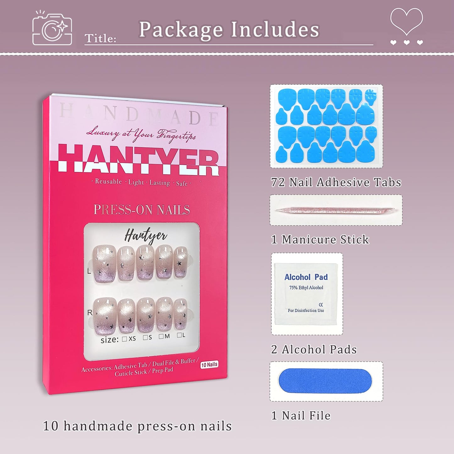 Hantyer 10pcs Press on Nails, Medium Coffin Glossy Fake Nails, Lavender Cat Eye French Tips with Silver Stars, Reusable False Nails for Women, Sweet Galaxy Nails for Party (Size L) ﻿