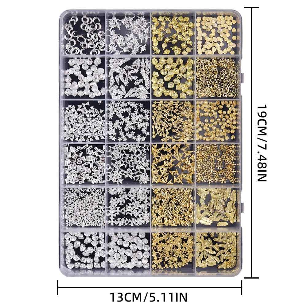 Gold Silver Nail Charms 3D Alloy Flower Nail Gems Metal Moon Star Nail Jewels Multi-Shapes Ocean Beach Starfish Seashell Leaf Nail Art Supplies with Tweezer for Women DIY Acrylic Nail 24 Grids 1 Box