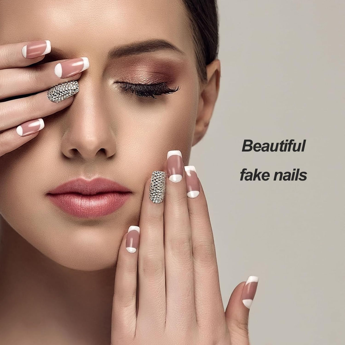 Purple French Press on Nails Short Square Fake Nails Nude False Nails Press ons with Purple Flower Design Glitter Nail Art Tips Full Cover Acrylic Glue on Nails for Women 24 Pcs