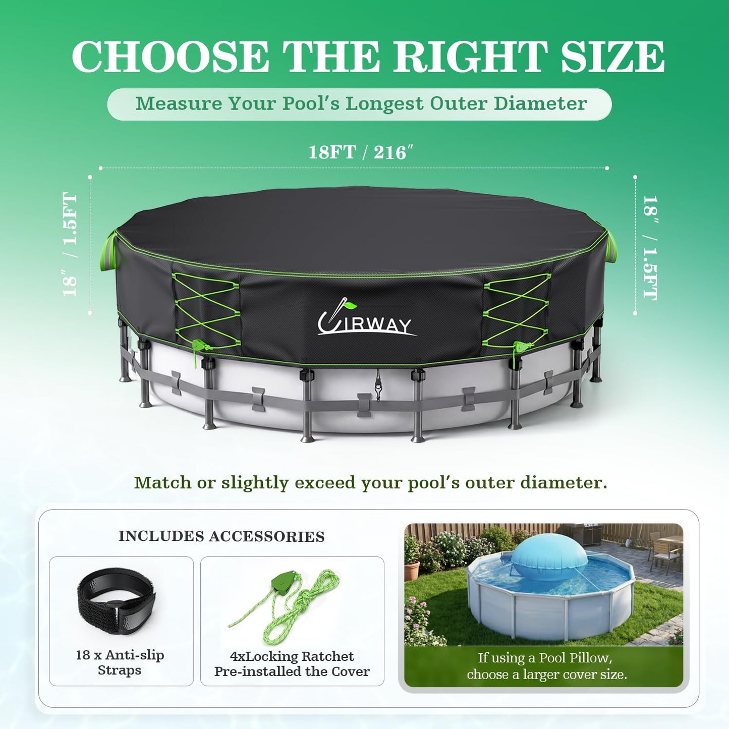 Uirway 600D Upgraded 18ft Pool Cover Round for Above Ground Pool, Tear Resistant Heavy Duty Fabric with Windproof Ratchet Locking & Reflective Drawstring, Weatherproof UV Protection, Anti-Slip Straps