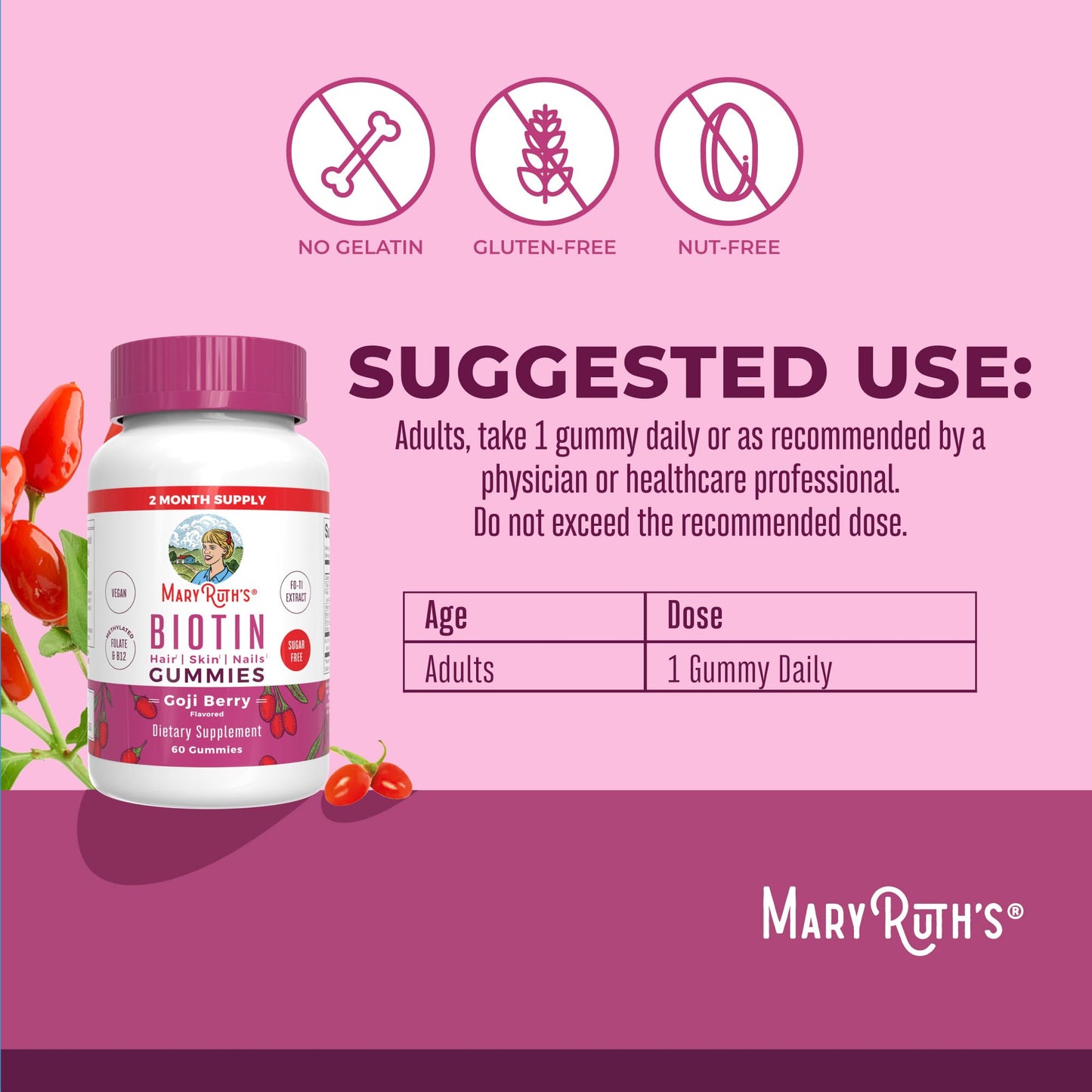 MaryRuth Organics Biotin Gummies | Sugar Free | Vegan | Non-GMO | 2,500 mcg Biotin Supplement | Hair Skin and Nails Vitamins | Hair Growth Vitamins | Hair Growth Supplement | 60 Count