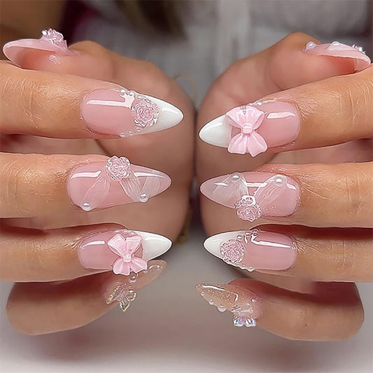 24 Pcs White French Tip Press on Nails Almond Medium Fake Nails with Glue Cute Pink False Nails with 3D Flower Bow Design Handmade Nails Glossy Holiday Glue on Nails Reusable Stick on Nails for Women