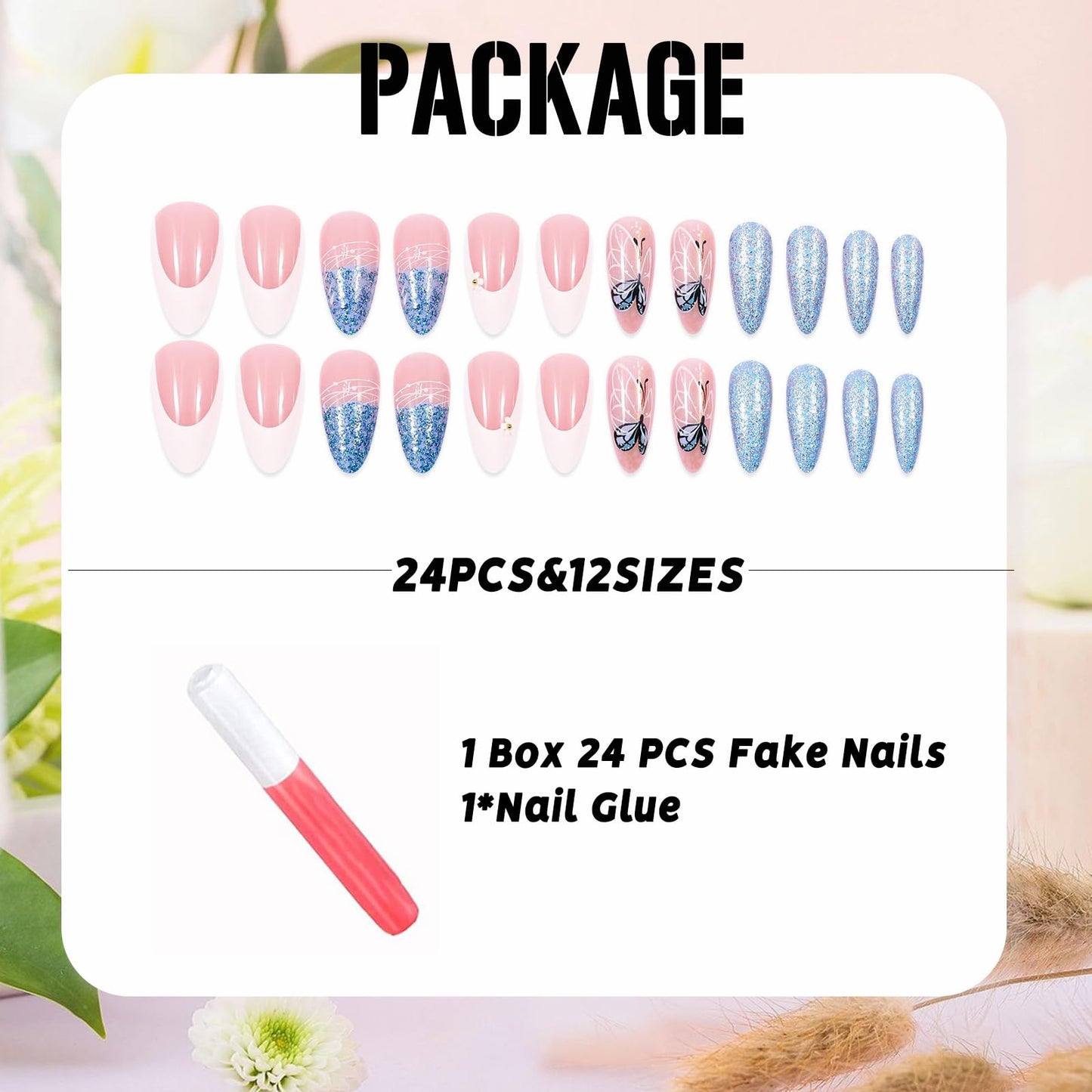 IMSOHOT Blue Press on Nails Medium Almond Fake Nails White French Tip False Nails with Butterfly & Glitter Designs Glossy Full Cover Acrylic Stick on Nails for Women Girls 24Pcs