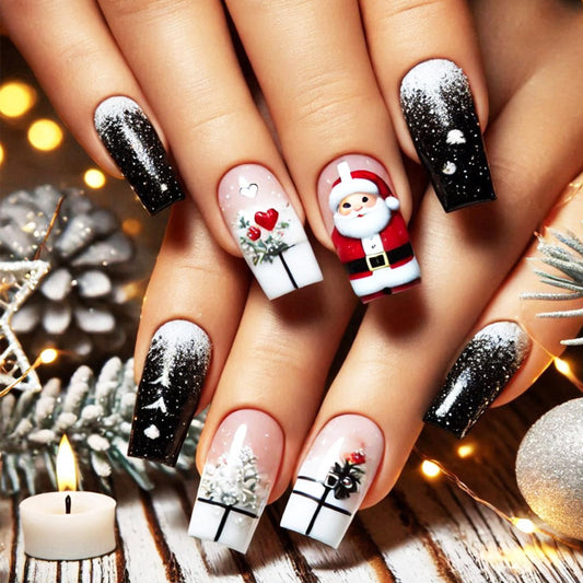 Santa Claus Press on Nails Christmas Medium Square False Nails 24Pcs Snowflake Stick on Fingernails Glossy Red Love Heart Acrylic Fake Nail Flower Gel Glue on Nail for Women Xmas Gift