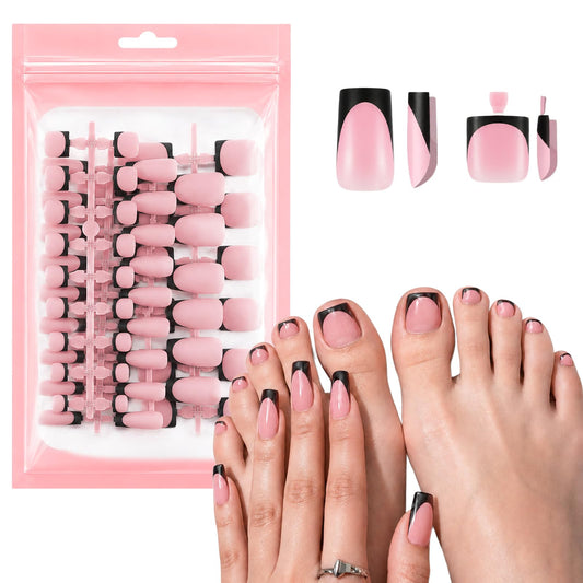 SIUSIO 60Pcs Black French Tip Press on Nails Toenails Set, Medium Square Pink French Fake Nail Short False Acrylic Toe Nail Press ons Full Cover Salon Nail Art French Manicure Kit for Women