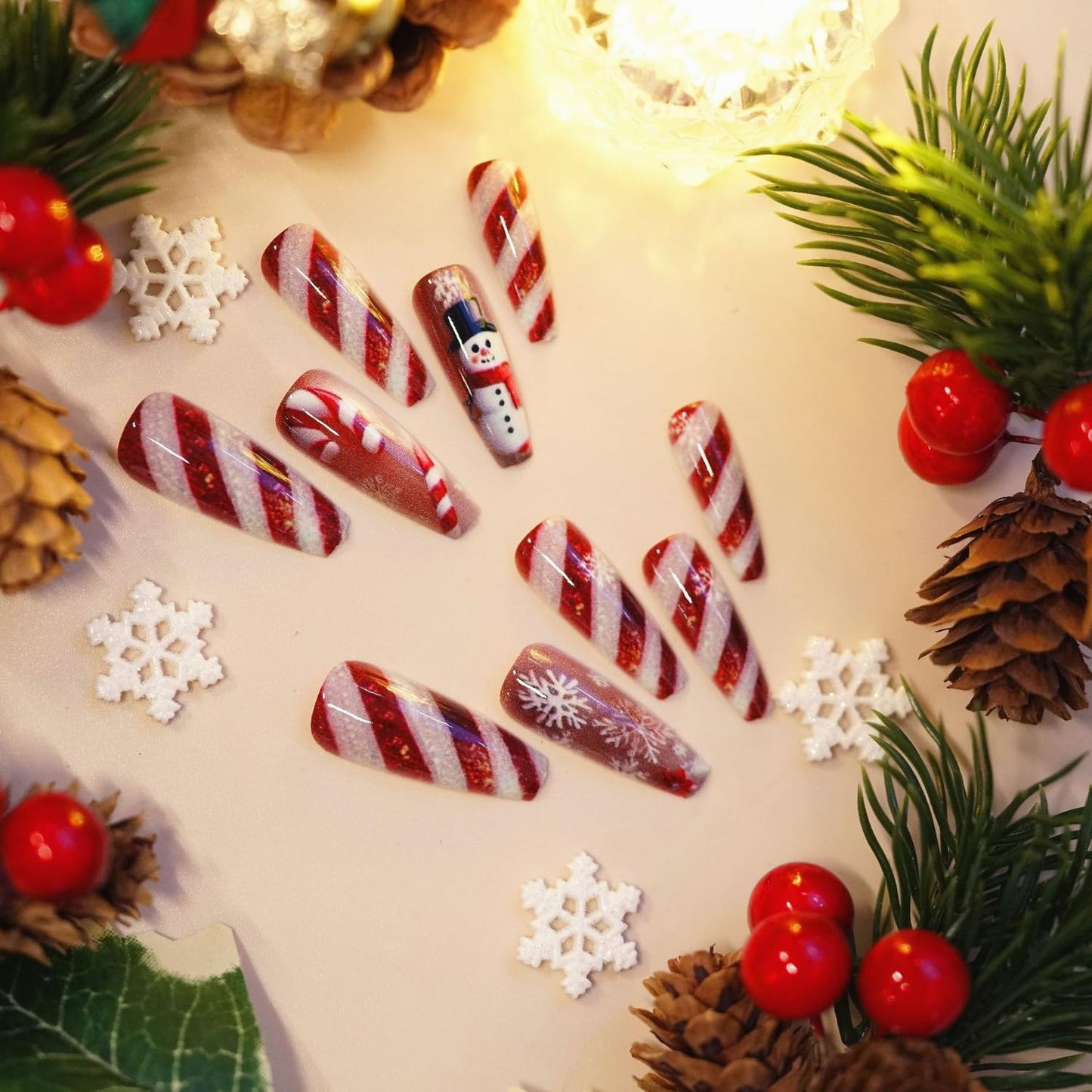 Christmas Press on Nail Long Long Coffin Fake Nails Red Sripe with Snowflake Snowman designs Cute False Nails Glossy Full Cover Winter Xmas Press ones Reusable Gel Glue on Nails for Women Holiday24pcs