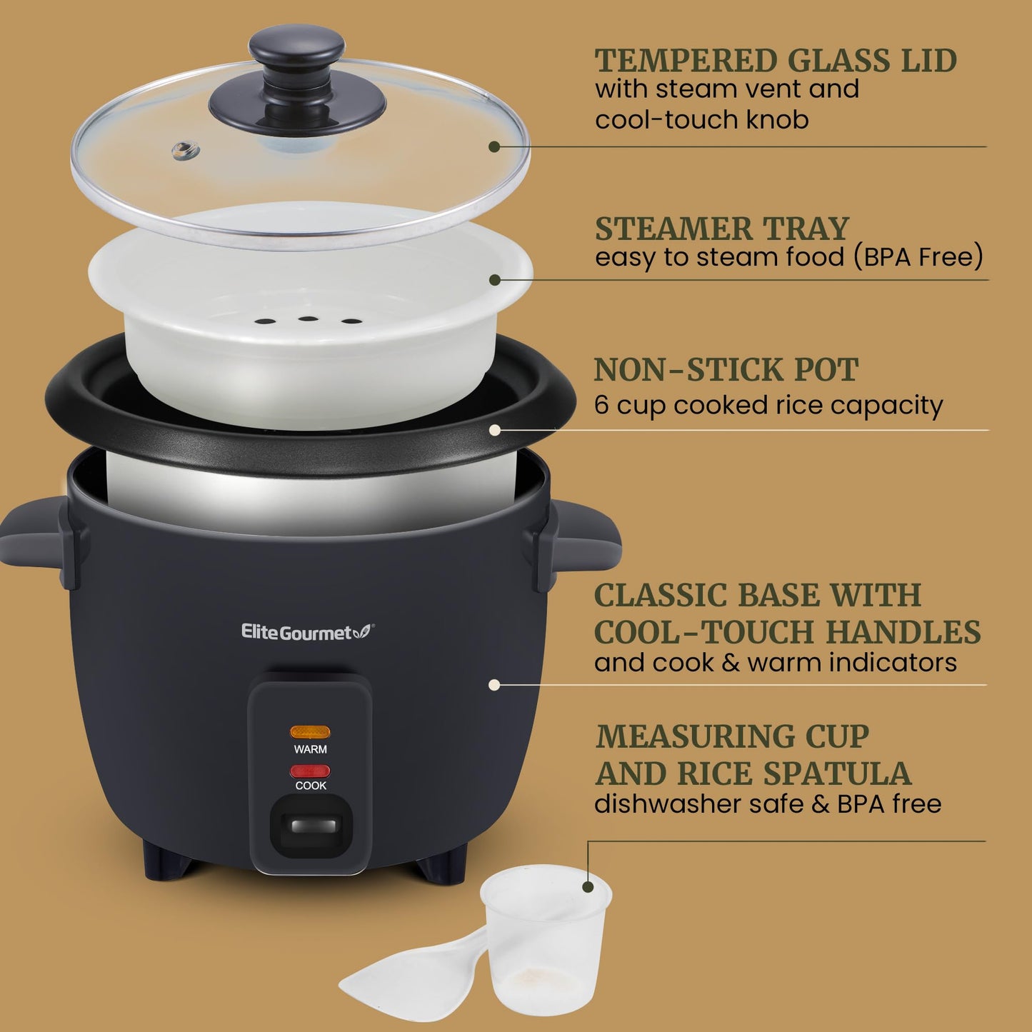 Elite Gourmet Electric Rice Cooker with Steam Tray and Non-Stick Inner Pot Makes Soups, Stews, Grains, Cereals, Keep Warm Feature, 6 Cups Cooked (3 Cups Uncooked), Black