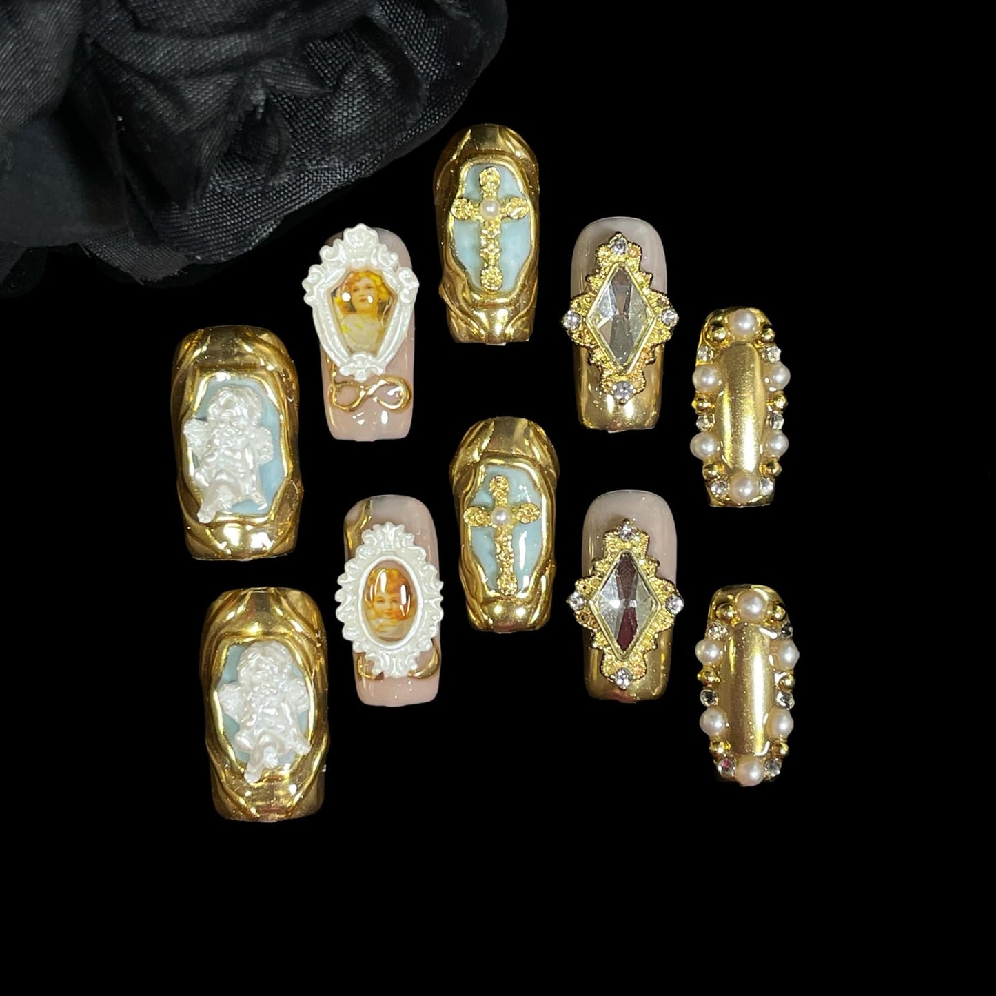 Handmade Press On Nails Luxury Baroque Gold Cross, Cherubs & Pearl Frames | Medium/Short Square | Reusable Thick Acrylic False Nails (Baroque, S)