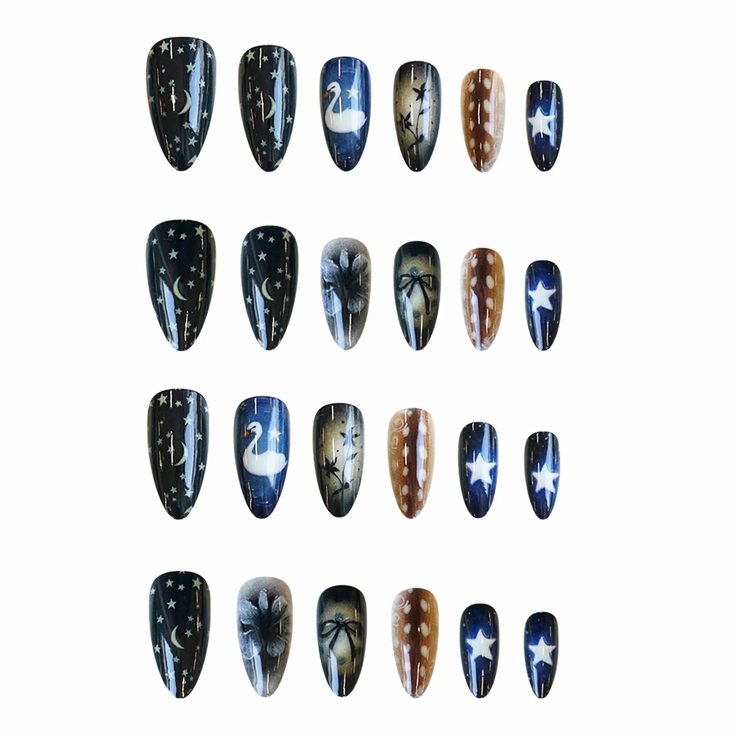 BABALAL Press on Nails Medium Almond Fake Nails Black Blue Glue on Gothic Swan Bow Anime Print False Acrylic Nails Cute 24Pcs Custom Stiletto Full Cover for Women Girls