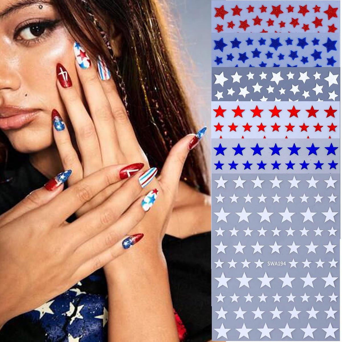 6 Sheets 3D Star Nail Stickers for Nail Art - Self-Adhesive Red Blue White Star Nail Decals, Patriotic 4th of July Independence Day Nail Supplies Sticker for Women DIY Manicure Decor Nails Accessories