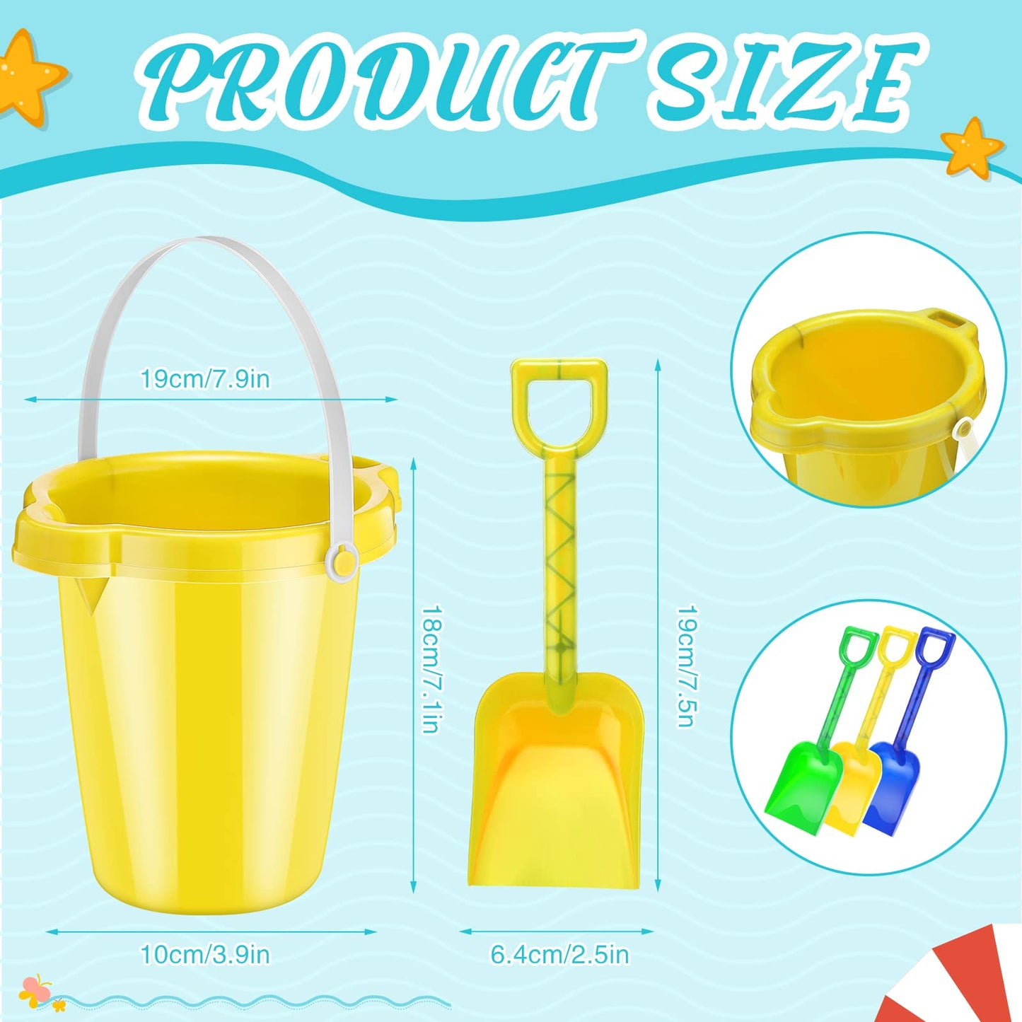 Didaey 7.5 Inch Beach Buckets and Shovels Plastic Sand Pails Castle Building Sand Shovel for Boys and Girls Summer Beach Toys Party Favors(12 Set)