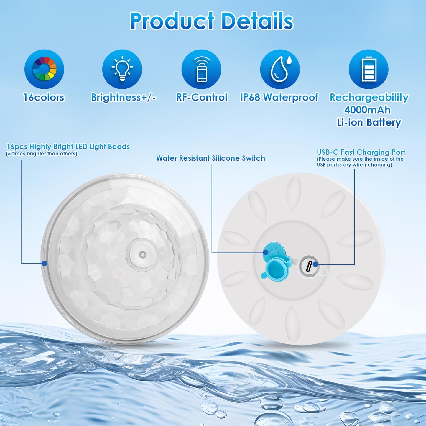 QOLNBY Floating Pool Lights(2 Pack), IP68 Waterproof Pool Lights, Rechargeable RGB Upper and Lower Color Changing Pool Lights with 6 Dynamic Lighting Effects, Floating Light for Pond Gardens,Party