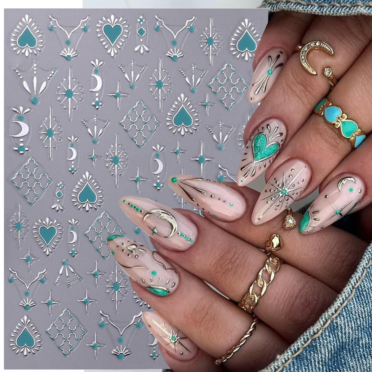 Gold Silver Nail Art Stickers Decals,4Pcs 3D Retro Sun Love Totem Star Moon Heart Designs, Stars Metallic Nail Supplies Embossed Self-Adhesive Slider Stickers for Women's DIY Manicure Decoration