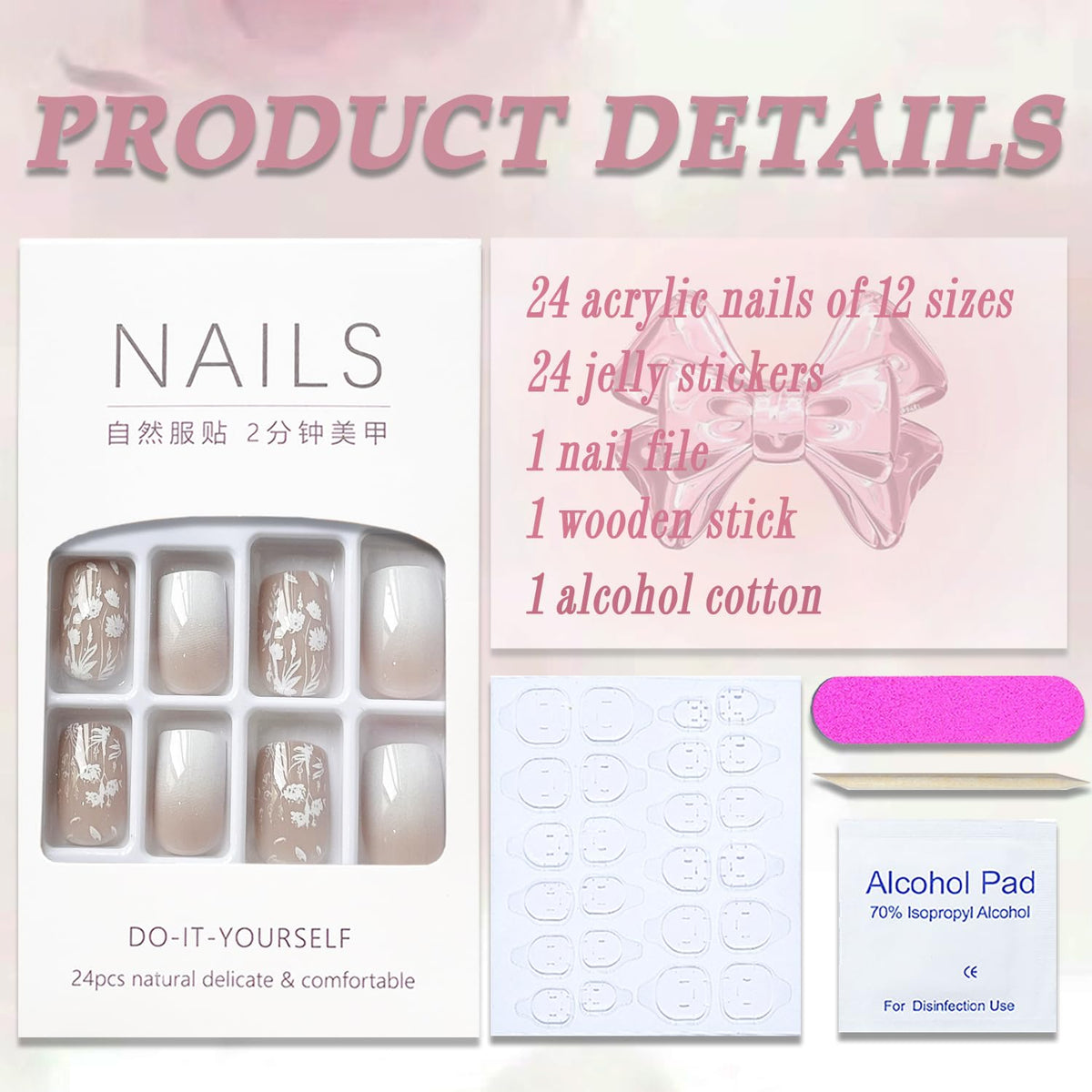 MABKJL French Fake Nails - White Gradient Square Full Cover White Floral Designs Glossy Glue on Acrylic Artificial Nails for Women Girls - 24Pcs
