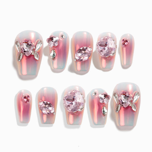Sun&Beam Nails Handmade Press On Short Coffin Pink Metallic Design Charming Cute False Nail Tips 10 Pcs (#101 M)