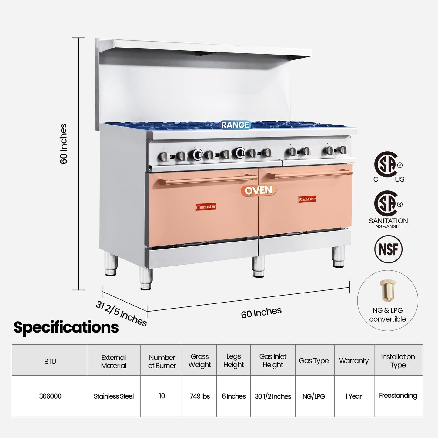 Commercial 60" Gas Range with Oven, 10 Open Burners and Under Full Size Oven 300000 BTU & 33000 Static Oven,NG/LPG Conversion kit, Manual Gas Valve,Freestanding Gas Range for Restaurants