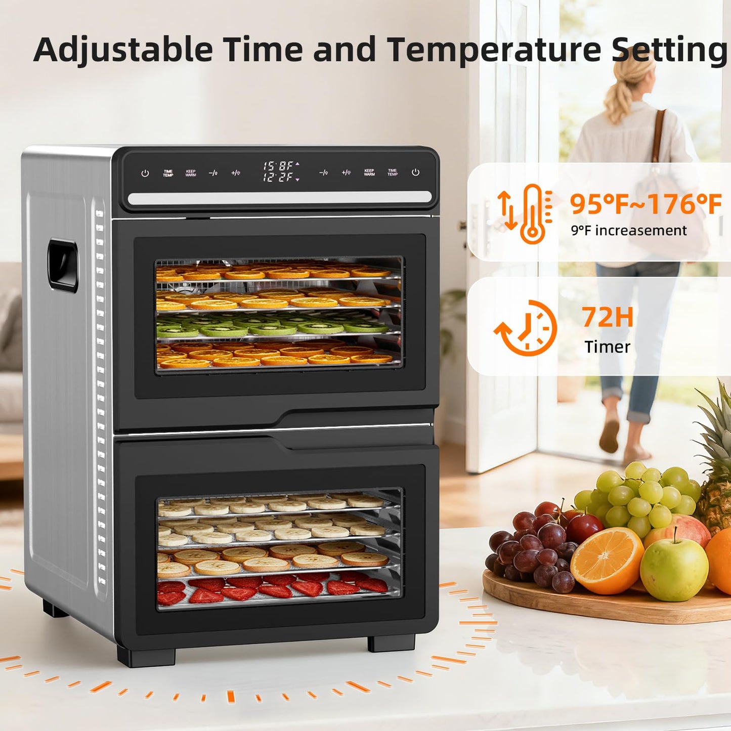 Kndko Food Dehydrator 1100W Machine With Digital Adjustable Temperature and 72H Timer,2 separate chambers,12 Stainless Steel Trays for Fruits Vegetables and Meat
