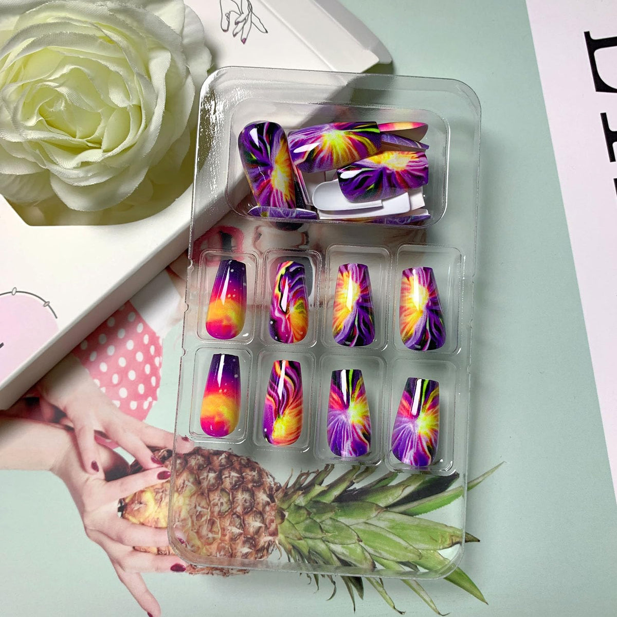 Short Coffin Press on Nails Colorful Fake Nails Firework Acrylic Nails Glossy Full Cover Nails Press ons Purple & Blue Reusable Stick on Nails for Women 24 Pcs