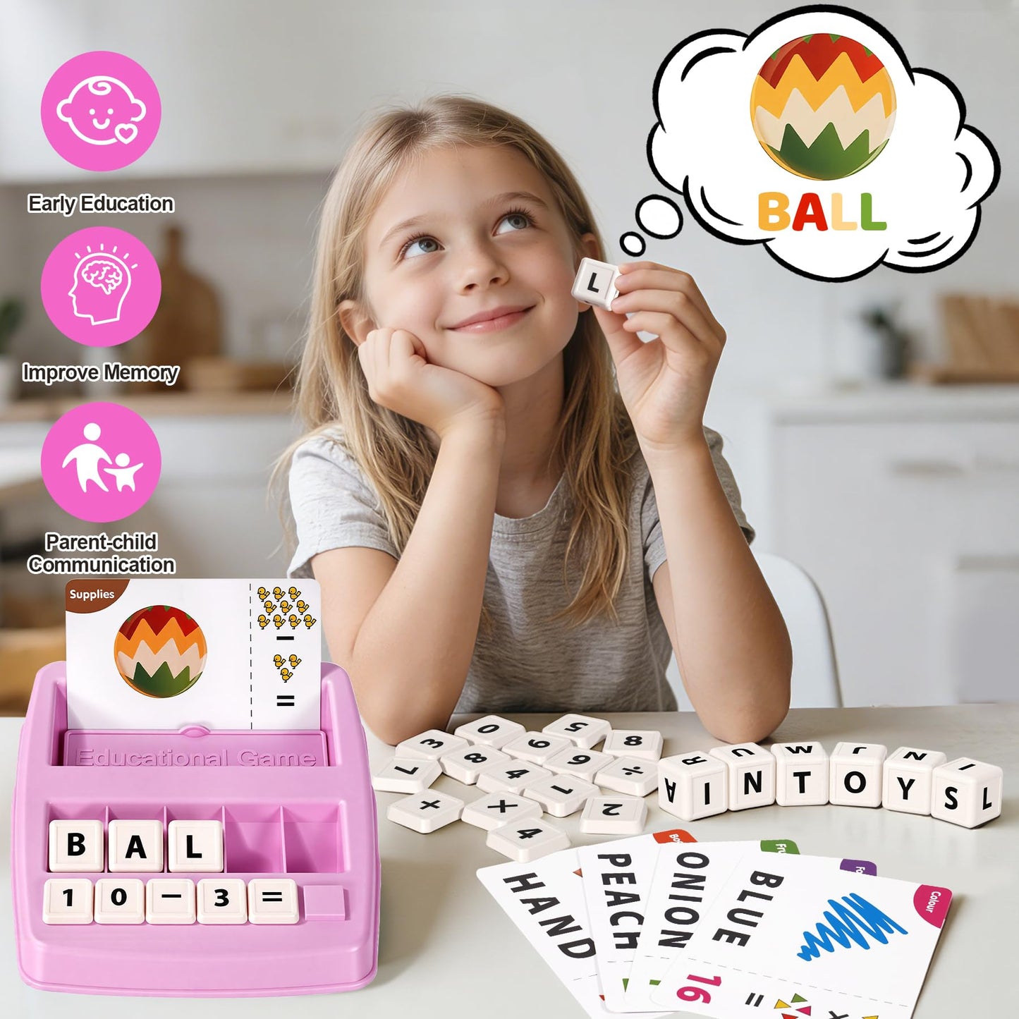 ACGROW Educational & Learning Toys for Kids, 3-8 Years Old Matching Games with Letter & Math Flash Cards, Christmas Birthday Gifts for Preschool Boys Girls Grandkids- Pink