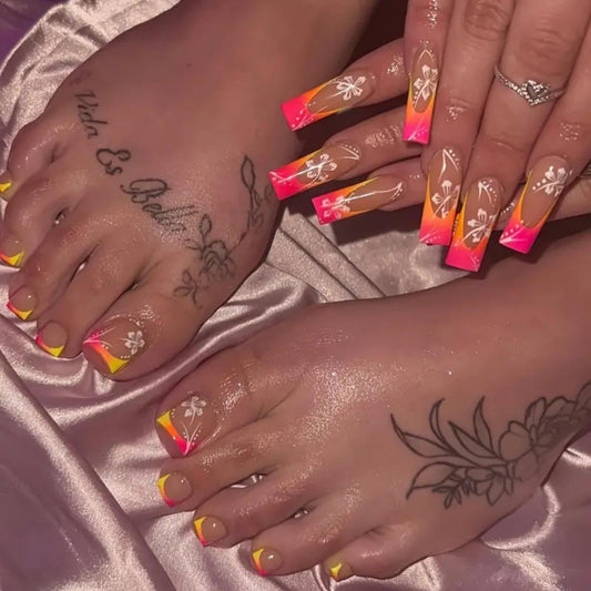 48Pcs Ombre Pink Orange French Tips Press on Nails Short Square Press on Toenails Long Square Stick on Nails with Flower Design Glossy Full Cover Fake Nails Summer False Toenails for Women Manicure