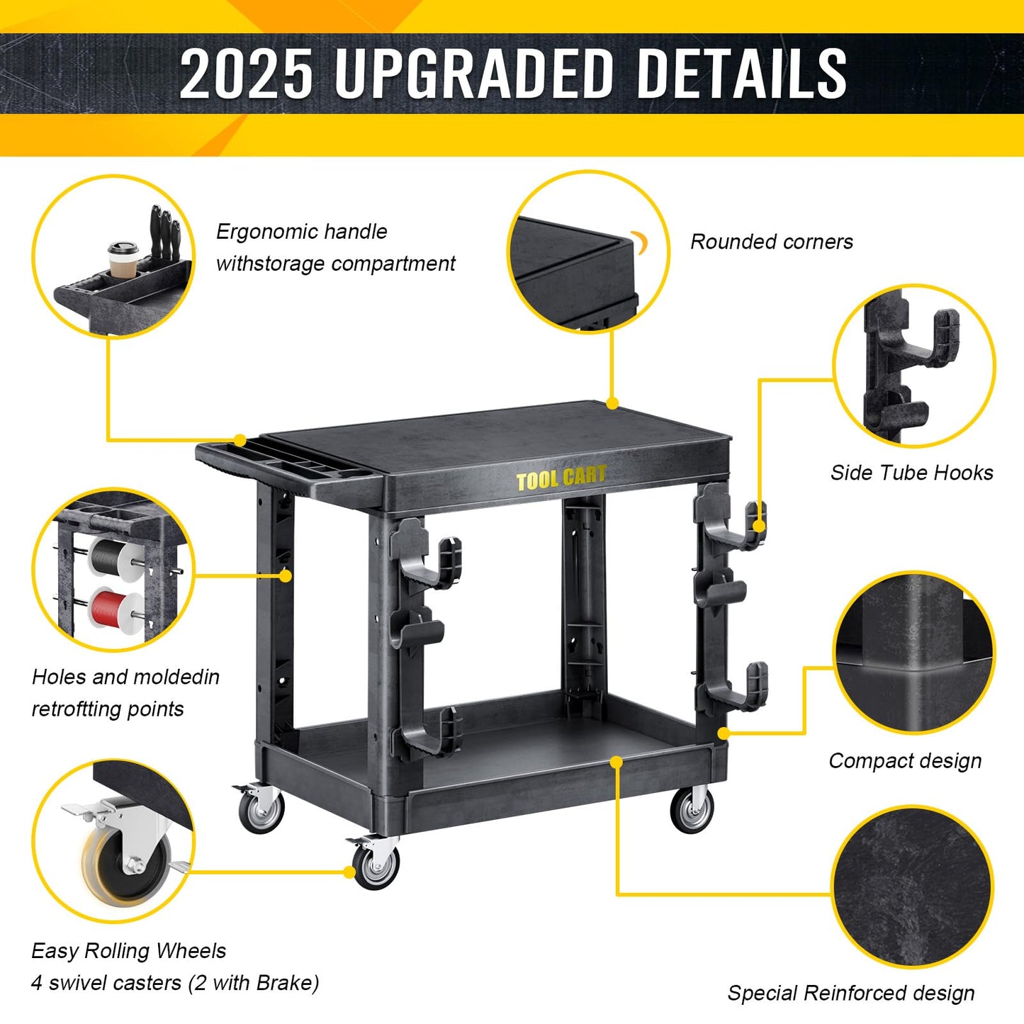 850LBS Large Heavy Duty Plastic Utility Cart, 42.5×25" Flat Top Service Cart With Full Swivel Wheels (2 With Brakes) & 2 Side Tube Holder Hook,2 Tier Work Cart For Office/Garden/Warehouse/Garage Black