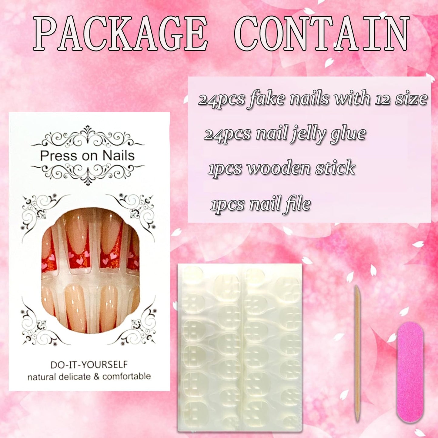 Vezocim Red French Tips Press on Nails Coffin Long 24Pcs Valentine's Day Glossy Full Cover Acrylic Square Fake Nails with Heart Designs Extra Long Coffin False Nails Glue on Fingernails for Women