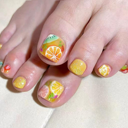 Summer Press on Toenail Short Square Fake Toenails Full Cover Yellow Press ones with Lemon Fruit designs Hawaii False Toenails Cute Artificial ToeNail for Women Beach Manicure Kit24pcs