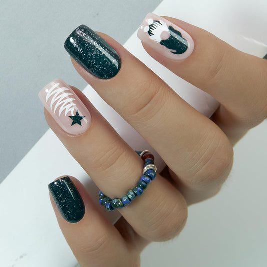 Curvlife Press on Nails Acrylic Square Fake Nails with Design Full Cover False Nails for Women Reusable Nail Kit (Green Christmas, 30pcs)