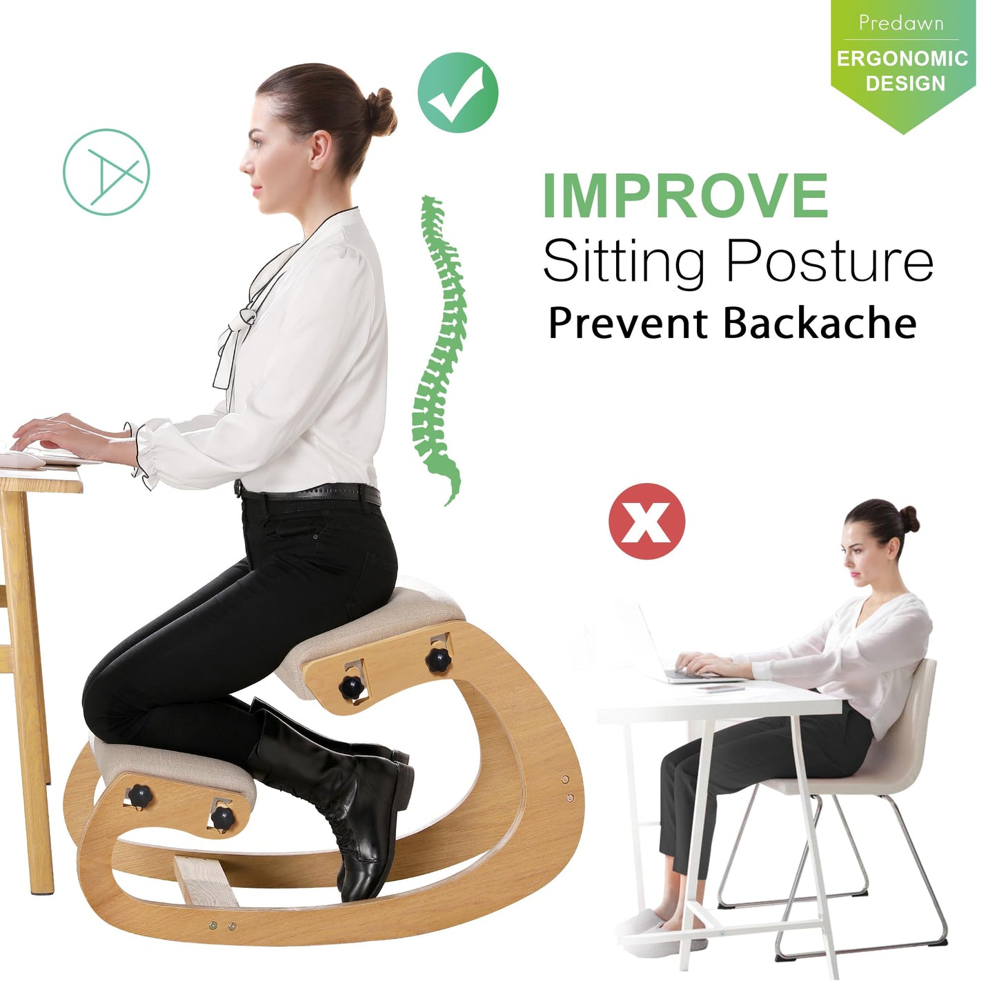 Predawn Adjustable Ergonomic Kneeling Chair – Custom Height Rocking Posture Stool with Thick Cushions, Solid Wood Frame, Knee Support Seat for Adults, Office or Meditation Use(White Oak)