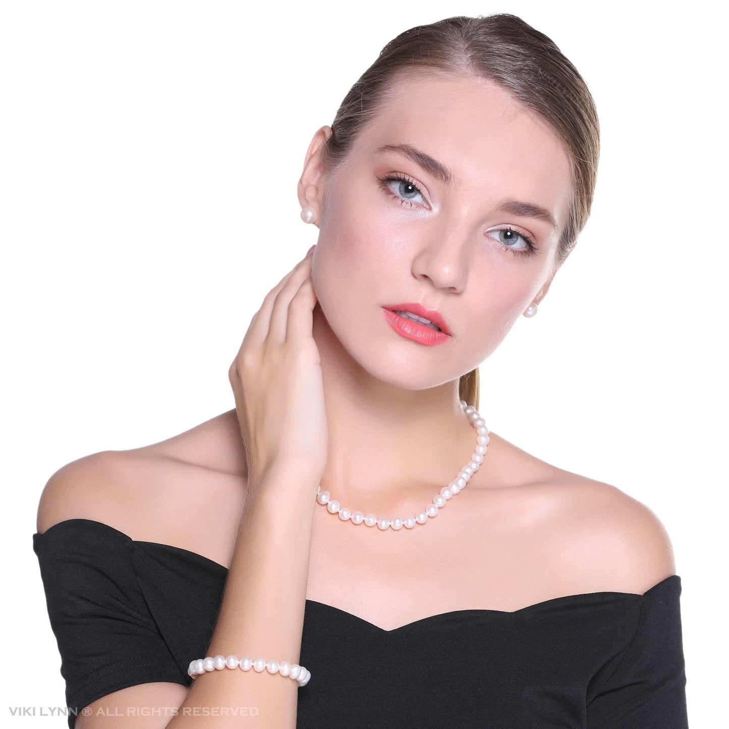 VIKI LYNN Freshwater Cultured Pearl Necklace Set Includes Stunning Bracelet and Stud Earrings Jewelry for Women Gift for Mother's Day, Anniversary, Birthday, Wedding - 20 Inch