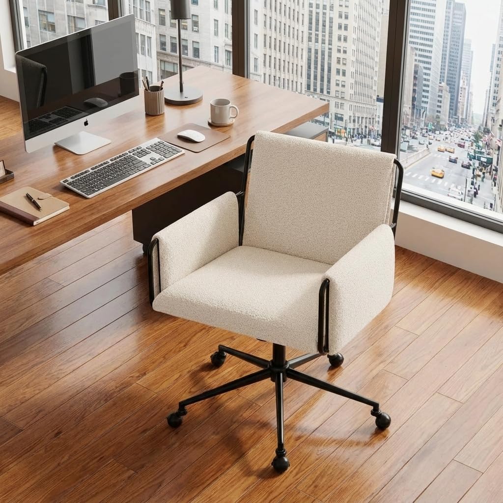 YOUNIKE Wide Seat Home Office Chair, Modern Desk Chair with Comfy Back & Thick Cushion, Fabric, Metal Base, Height Adjustable, Swivel Rolling Task Chair with Wheels for Study/Vanity/Bedroom, Beige
