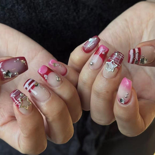octoswave Medium Square Press on Nails y2k Fake Nails French Artificial Nail DIY 3D Stars Stick on Nail for Women 24pcs