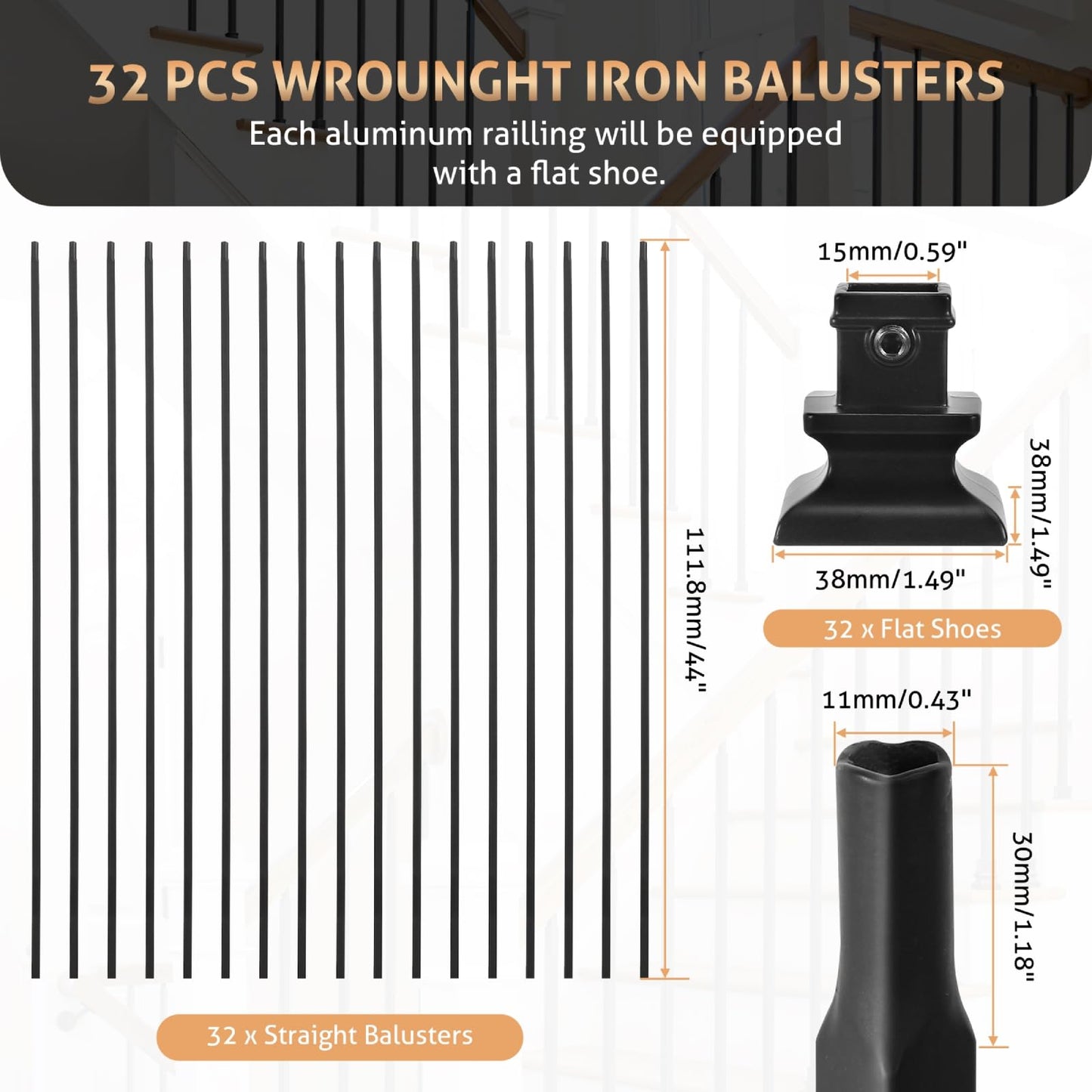 WICHEMI 32 Pack Stair Balusters Indoor, 44" x1/2" Iron Balusters for Staircase, Square Straight Stair Spindles Iron Black with Baluster Plate Shoes