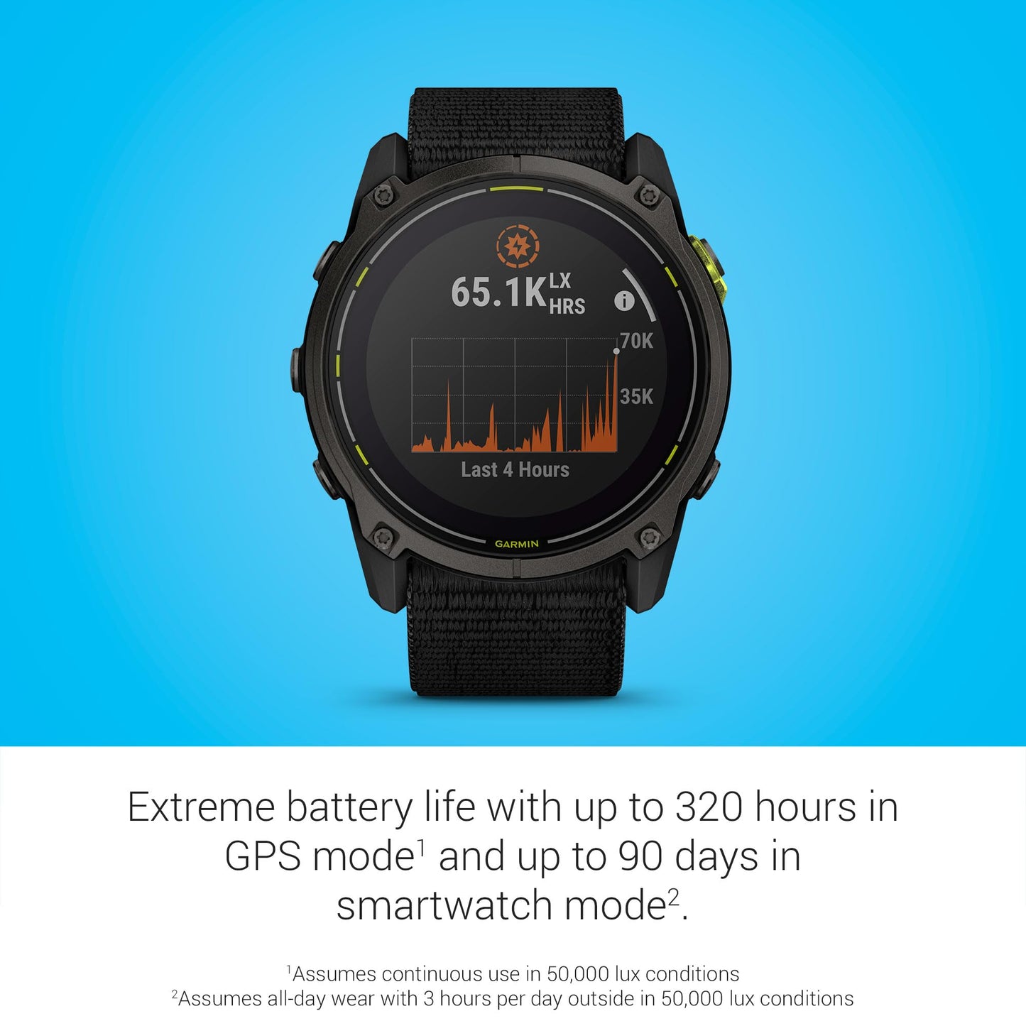 Garmin Enduro™ 3 – 51 mm, Solar, Sapphire, Ultraperformance GPS Smartwatch, Extreme Battery Life, Detailed Mapping, Built-in LED Flashlight, Carbon Gray DLC Titanium with Black UltraFit Nylon Strap