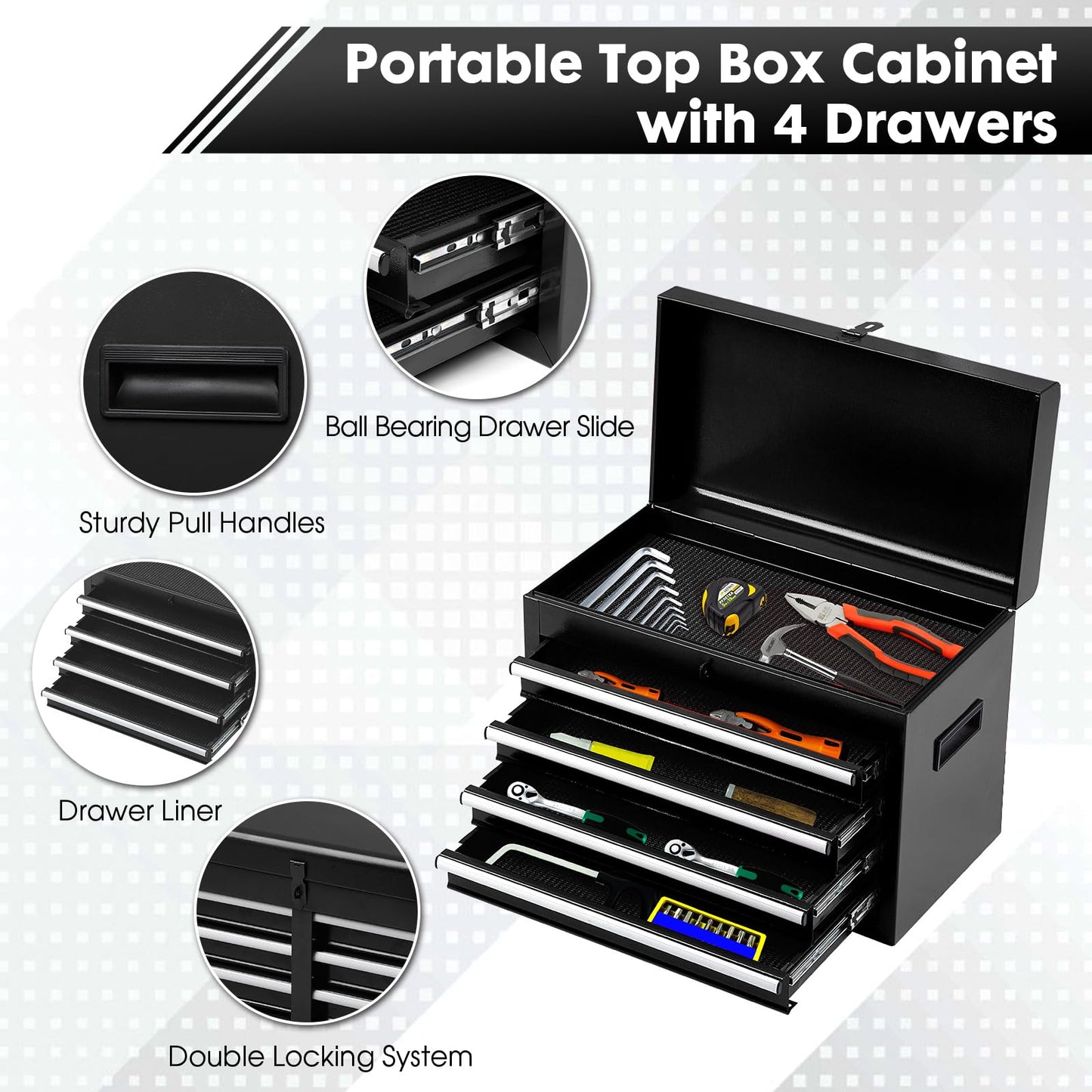 Dawmilon 5-Drawer Rolling Tool Chest with Detachable Top Box, Lockable Wheels, Adjustable Shelf, and Liner, Heavy-Duty Metal Tool Cart for Garage and Workshop Storage, Black