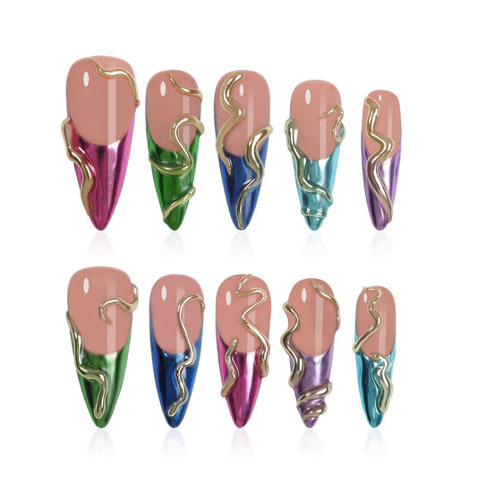 HOMSERA Handmade Long Pointed Fake Nails,10Pcs Medium Length Press on Nails French Snake Design Glossy Acrylic Nails 3D Swirl Design Nails Full Cover Artificial Nails for Women and Girls
