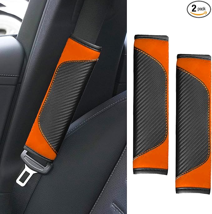 2PCS Car Seat Belt Cover Pad, Soft Carbon Fiber Leather Seatbelt Shoulder Protector for a More Comfortable Driving, Universal Safety Belt Strap Cover to Protect Your Neck (Orange)